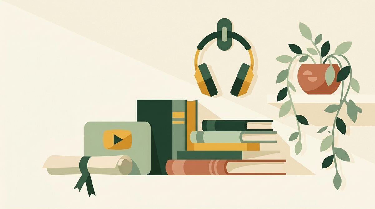 Une étagère d'étude : livres empilés, document roulé, casque audio et plante