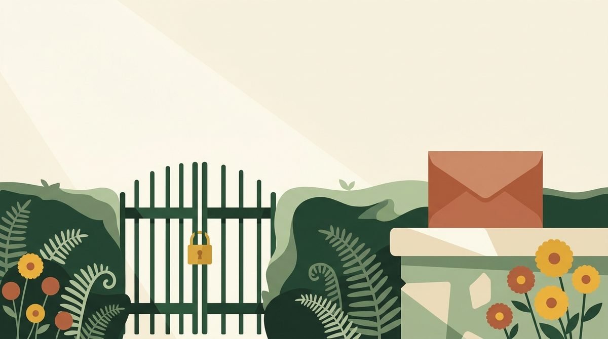 Un portail de jardin fermé par un cadenas, un courrier posé sur une margelle