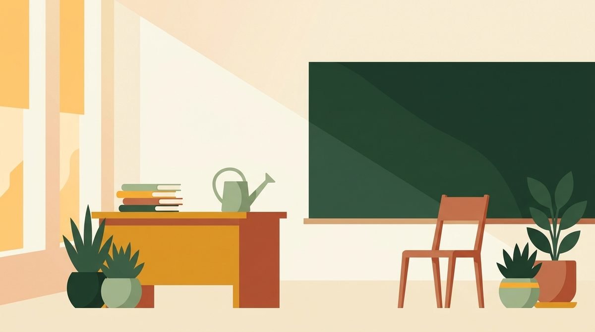 Un coin de salle de classe : tableau, bureau, cahiers empilés et plantes
